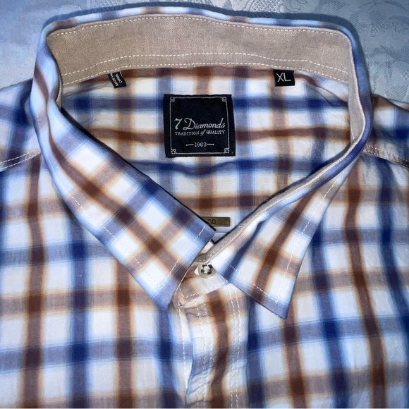 7 Diamonds Mens Shirt Blue Brown White Check Plaid 100% Cotton Size XL - Picture 9 of 14